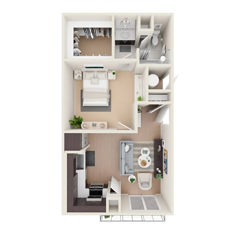 A top-down view of a small apartment with a kitchen, living room, and bathroom.